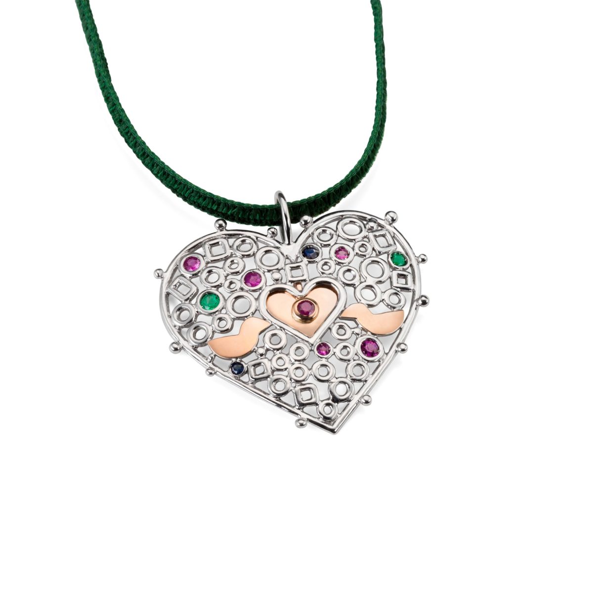 White & Rose Gold Amulet with Sapphires "Sacred Heart" with removable Golden Heart