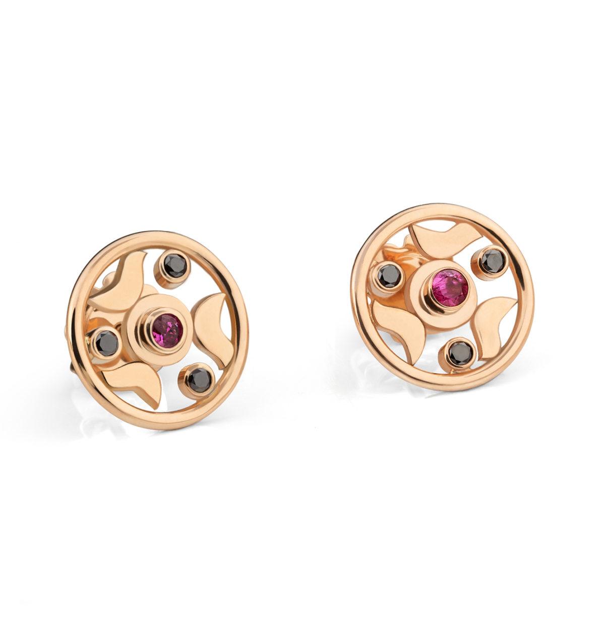 Solid Gold Earrings with Diamonds and Rubies "Lil' Wheels" - Image 2