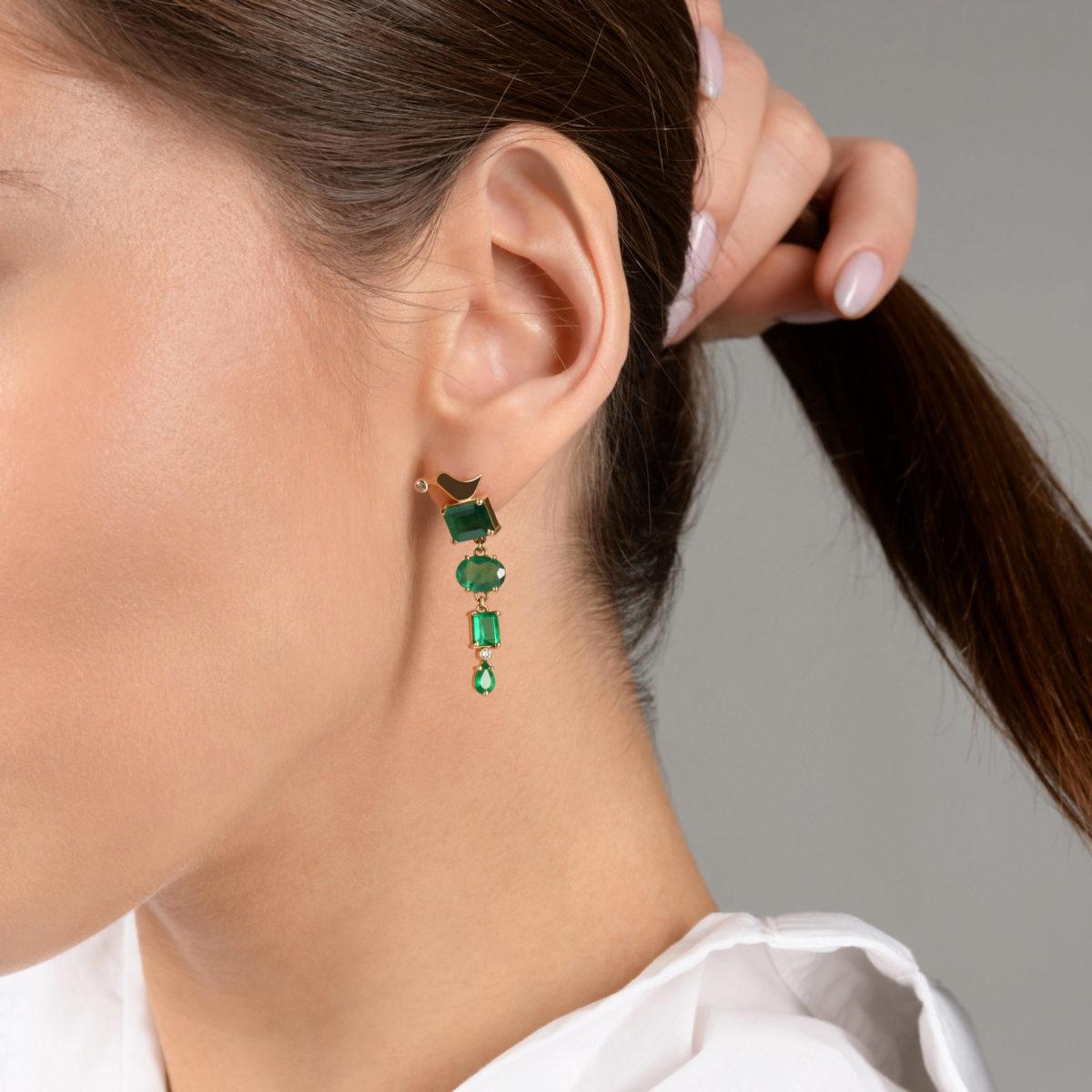 Yellow Gold Earrings with Diamonds and Emeralds "Flora" - Image 4