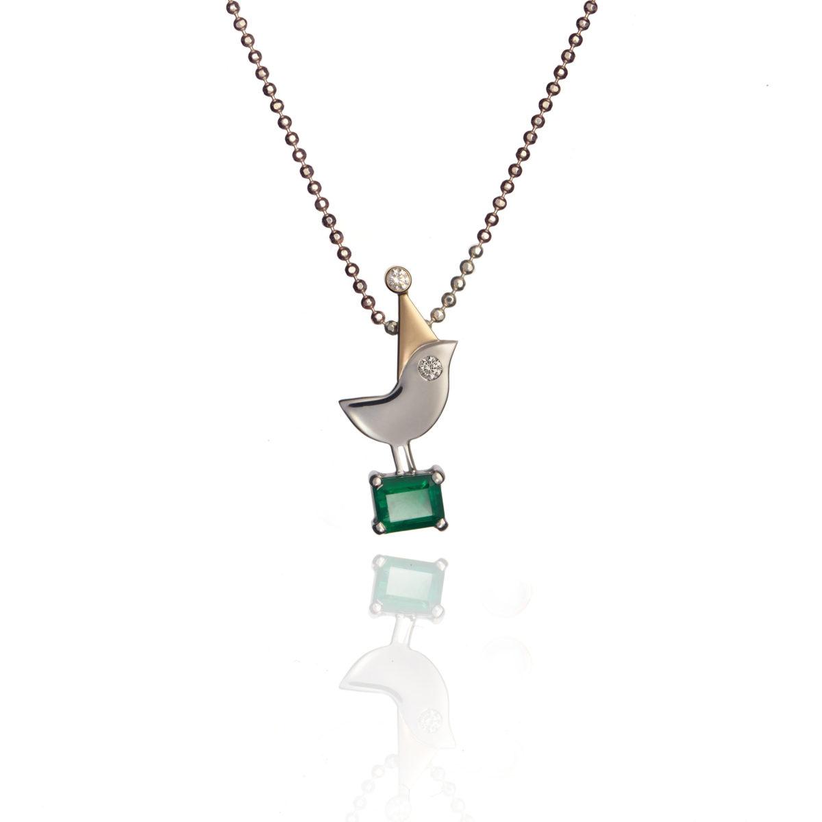 White and Rose Gold Pendant with Diamonds and Emerald "Celebration"