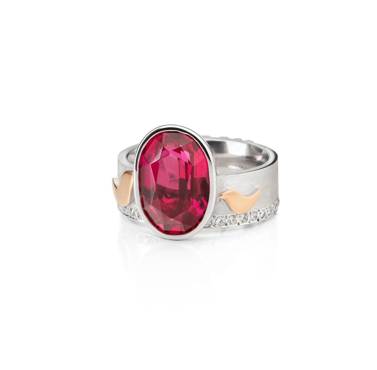 White and Pink Gold Ring with Diamonds and Ruby with Individual Initials