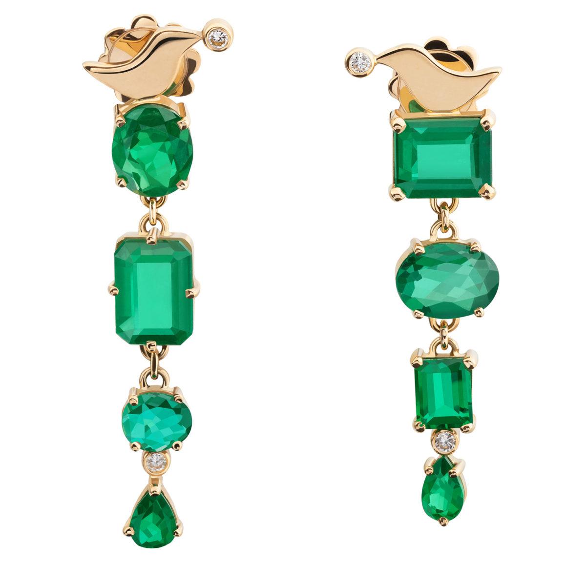 Yellow Gold Earrings with Diamonds and Emeralds "Flora" - Image 3