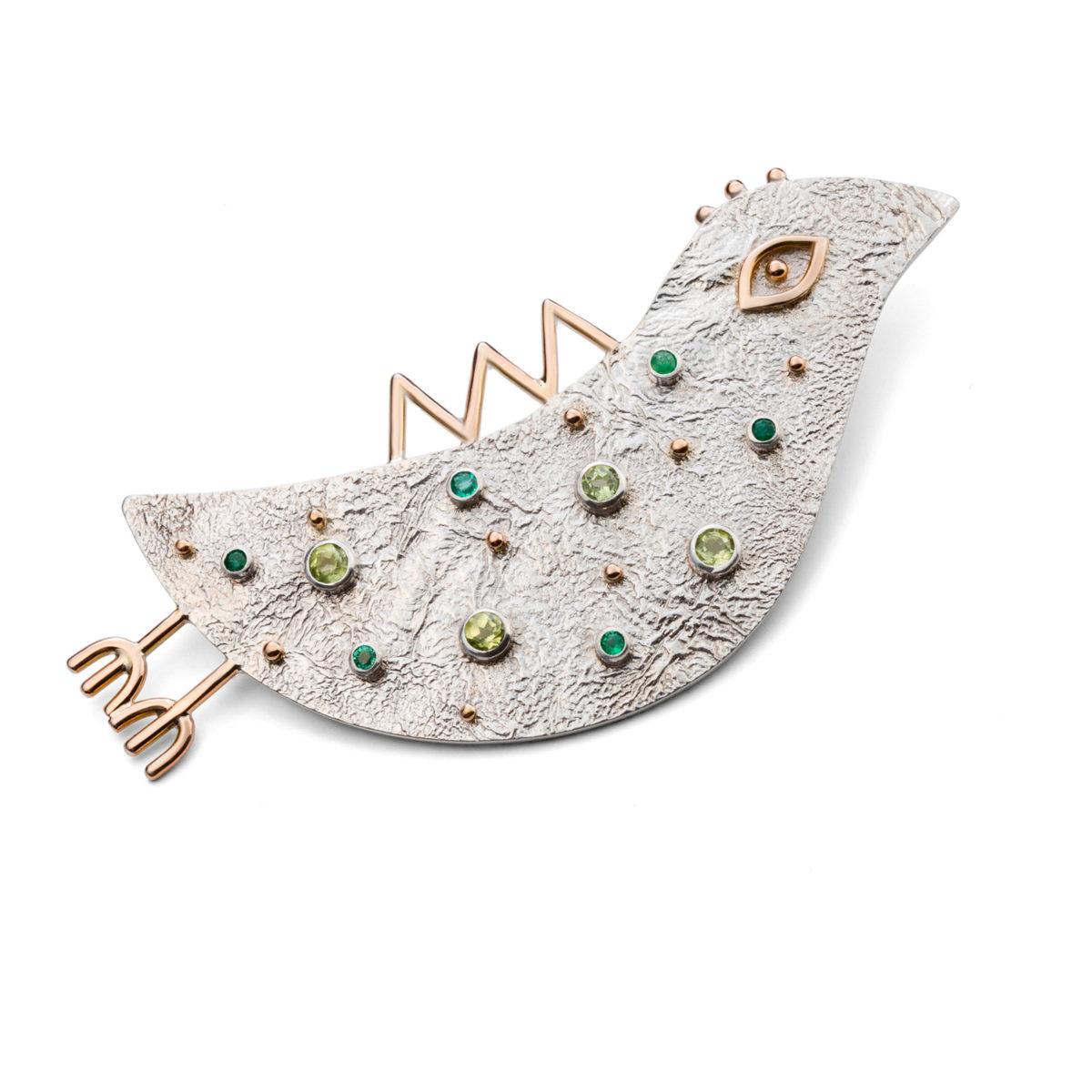 Silver and Gold Brooch with Emeralds and Peridots "Artemis" - Image 2