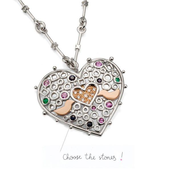 White and Rose Gold Amulet "Felicidad" with Colored Gemstones and a Yellow Gold Heart with Diamonds Eng. text